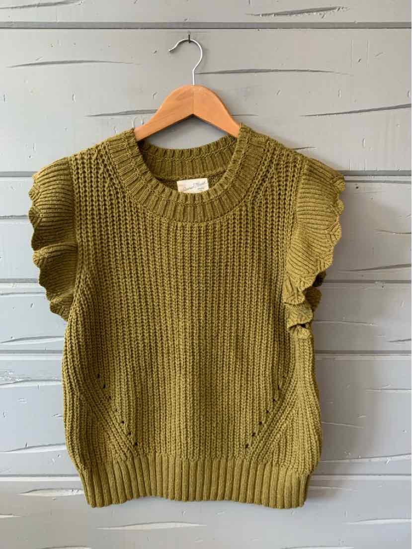 Olive green knitted sleeveless sweater with ruffled shoulder detail, crew neck, and ribbed texture, size XXL.