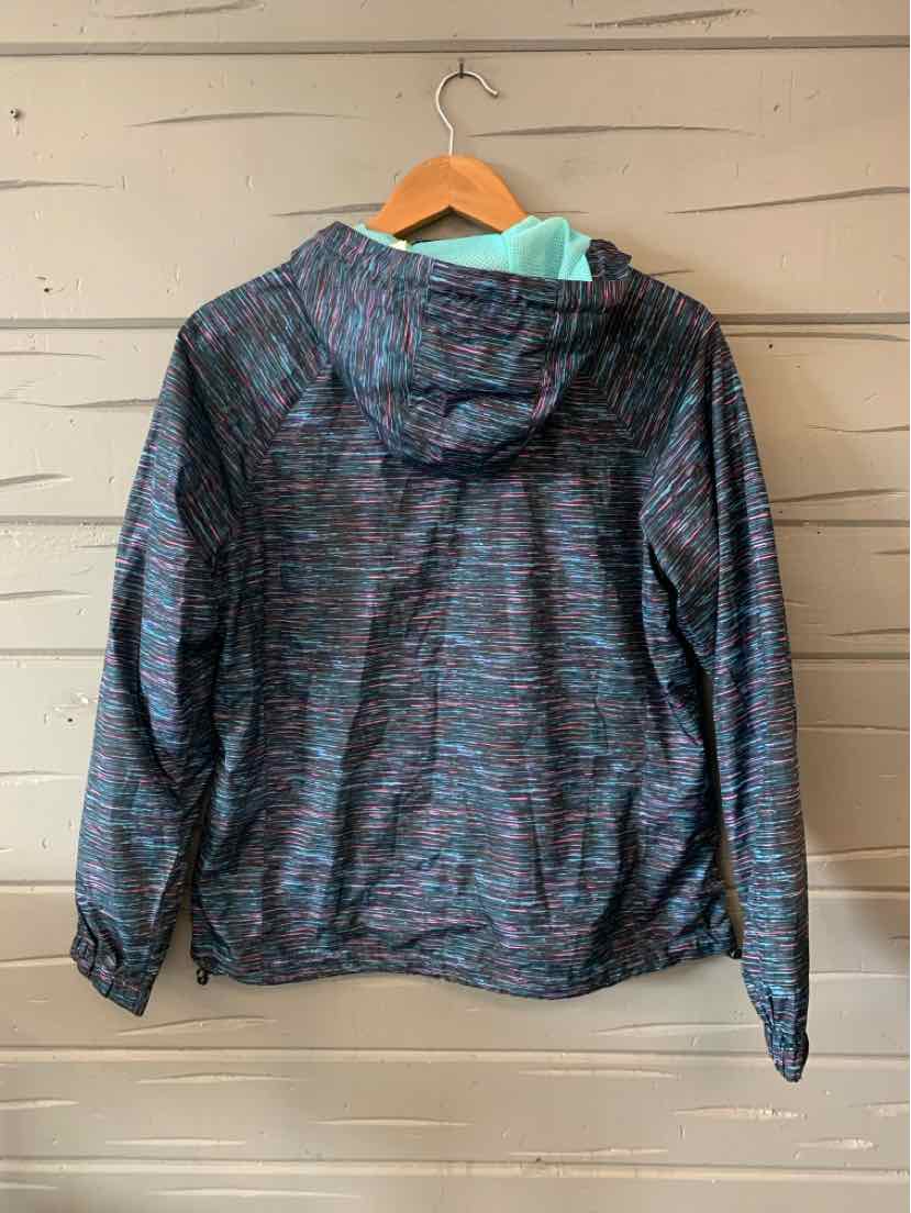 Women's New Balance lightweight hooded jacket in black with multicolor speckled pattern and elastic cuffs.