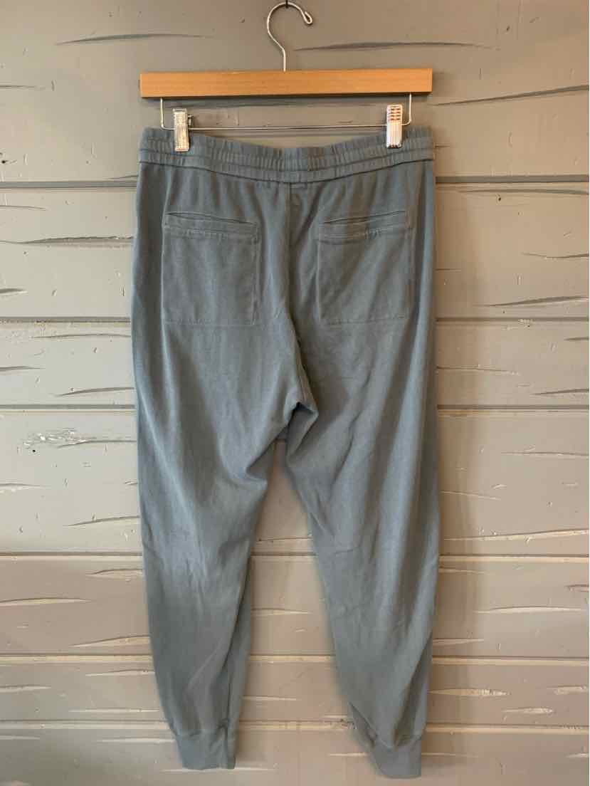 Light gray soft fabric jogger pants with elastic waistband and cuffed ankles hanging on wooden hanger.