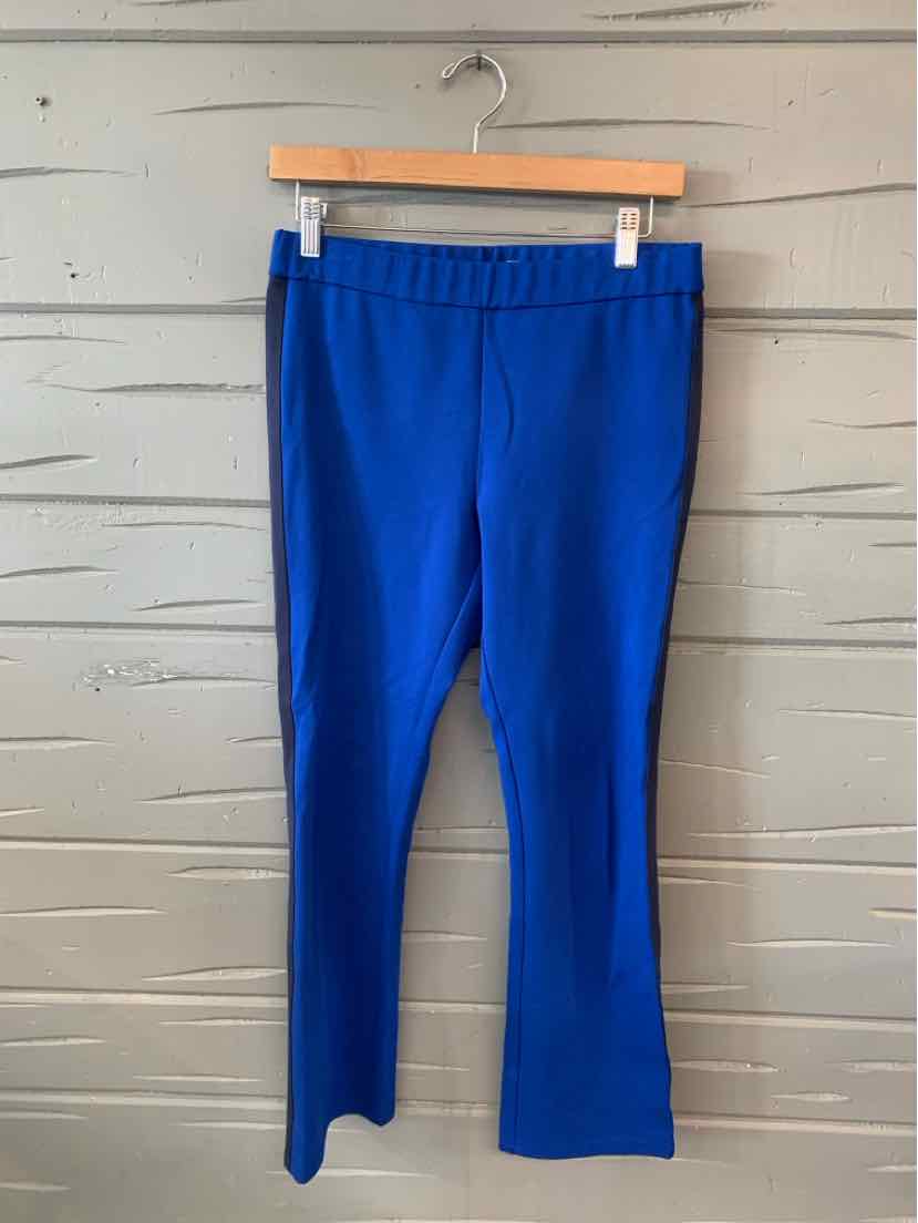 Blue mid-rise athletic pants with elastic waistband and subtle flare at hem.