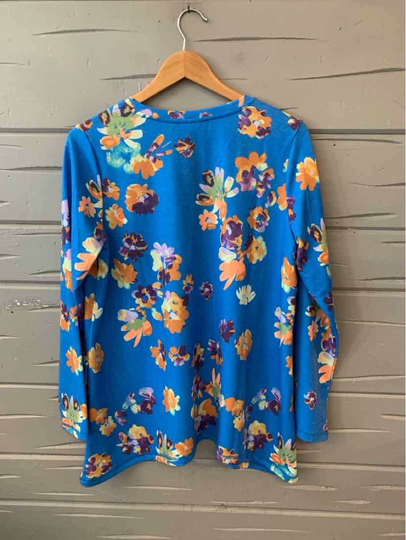 Bright blue long-sleeve shirt with orange and yellow floral print, crew neckline, medium size.