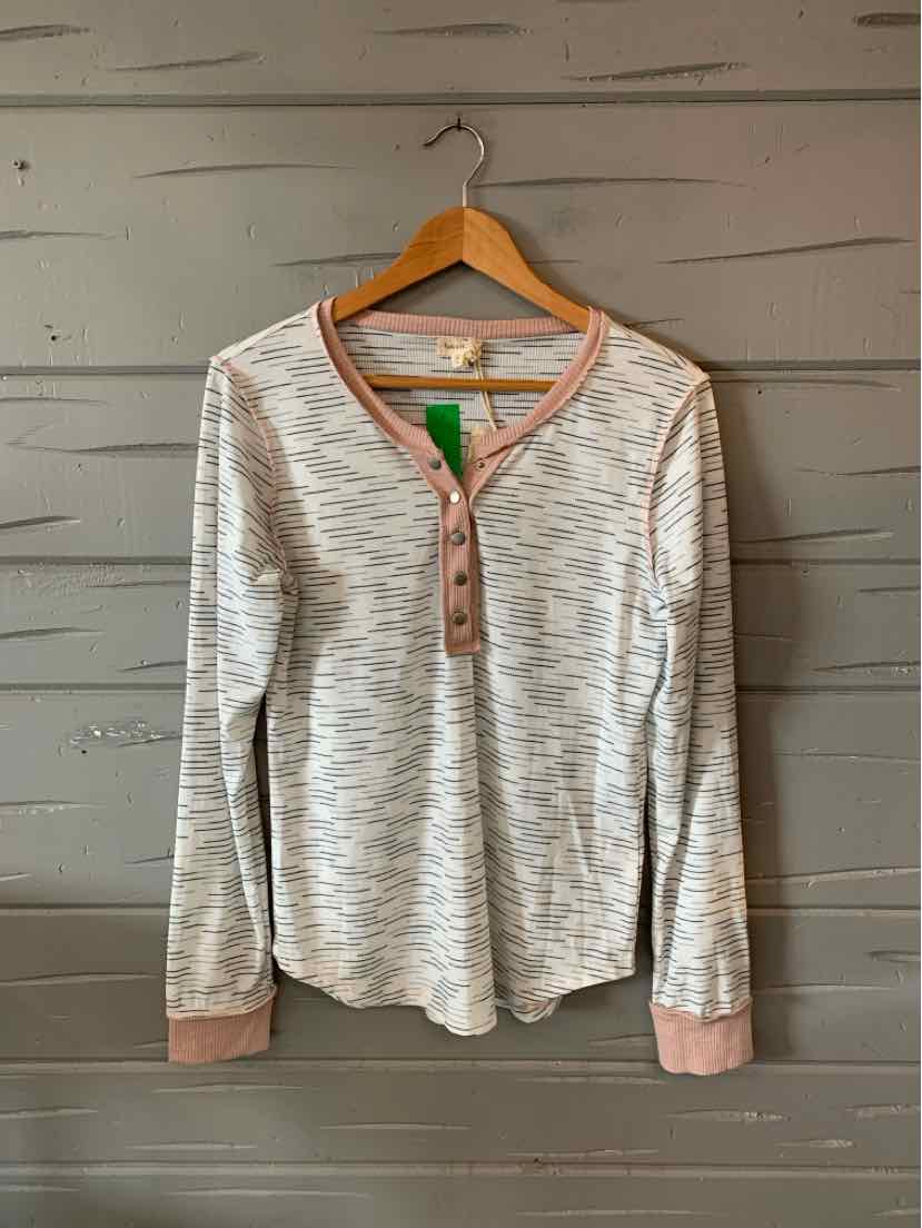 Long-sleeve gray striped henley shirt with tan trim on cuffs and neckline, size large.