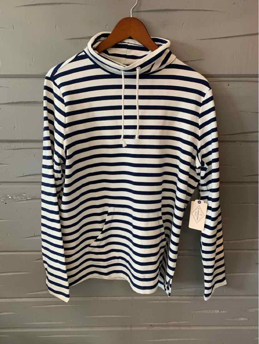 Long-sleeve white hoodie with navy blue horizontal stripes and front kangaroo pocket.