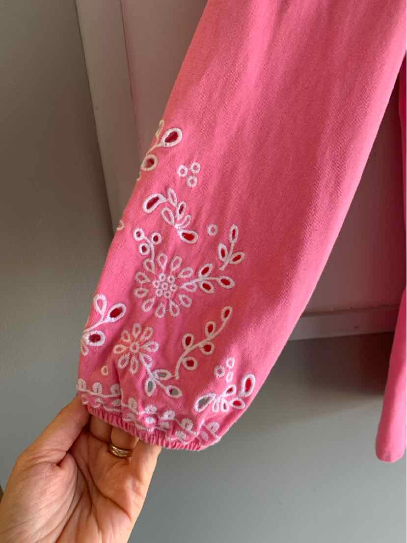 Pink long sleeve with white floral embroidery and gathered cuff on XL size shirt.