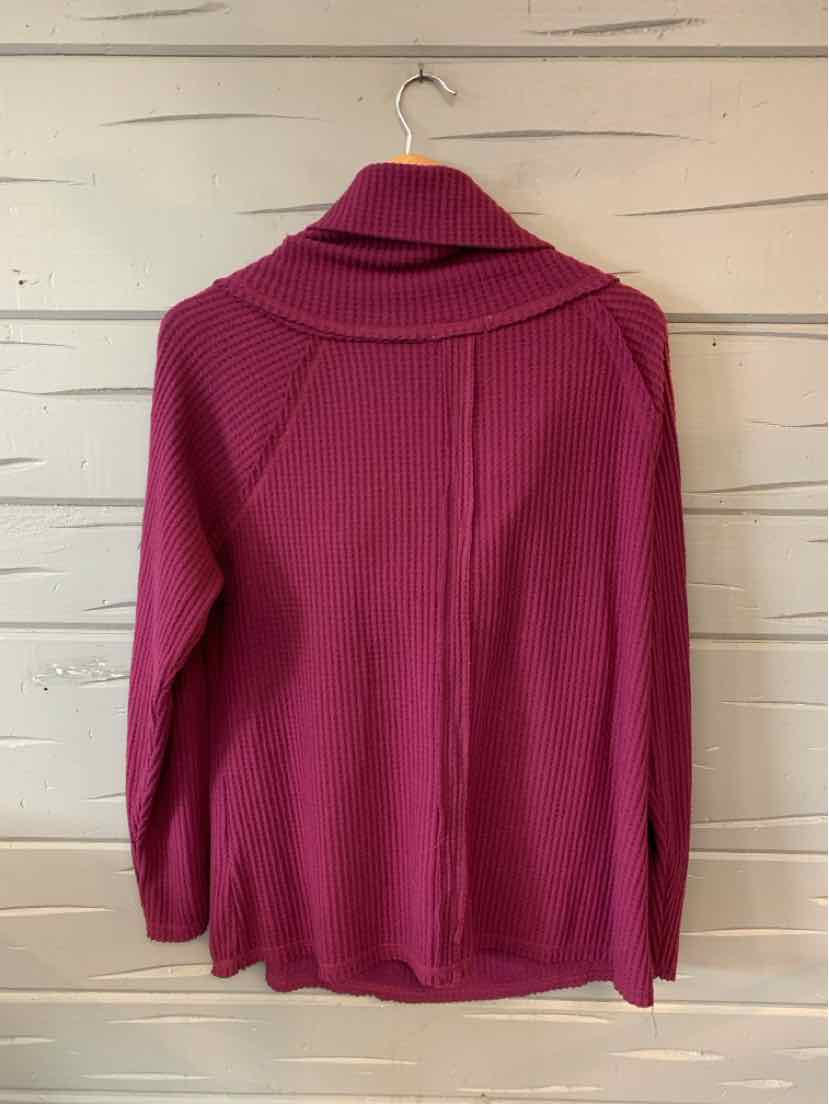 Long-sleeve waffle knit sweater in deep pink with a crossover collar and relaxed fit, size XL.