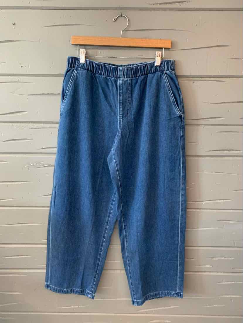 Blue denim relaxed fit jeans with elastic waistband and side pockets, medium size.
