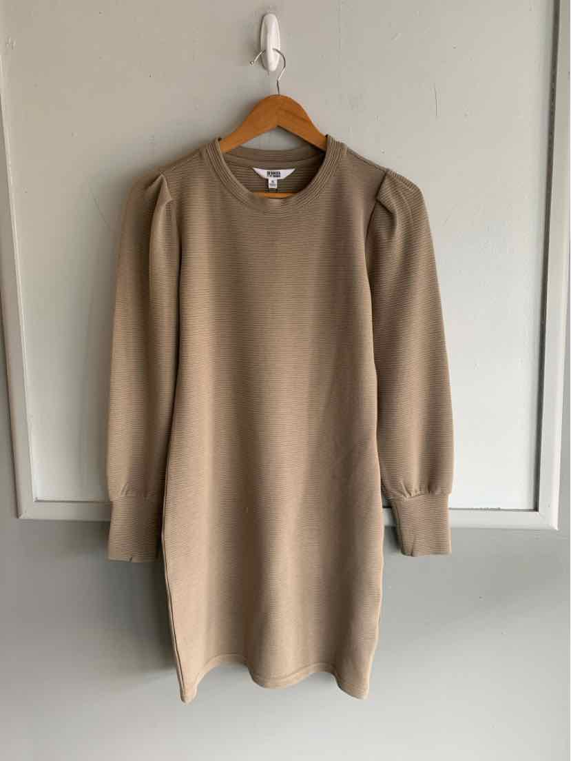 Tan long-sleeve knit dress with crew neck and slightly puffed shoulders, size small.
