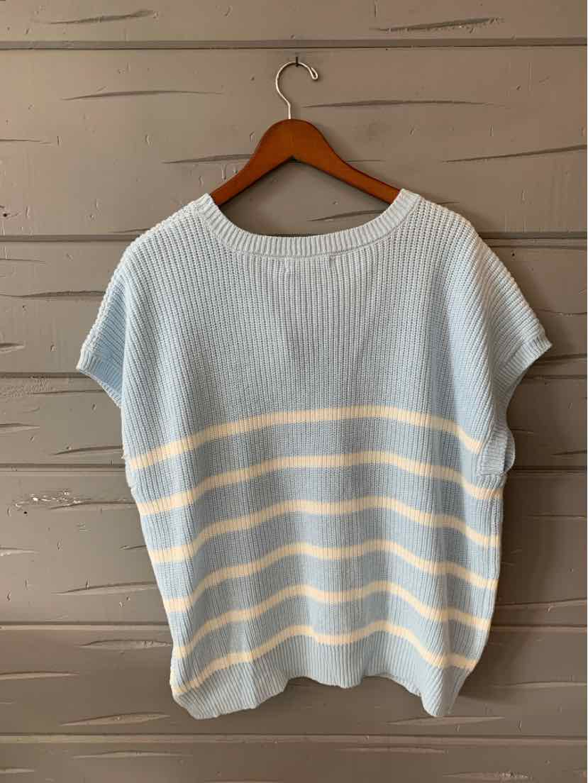 Light blue short-sleeve knit top with white horizontal stripes and a wide round neckline, size XL.