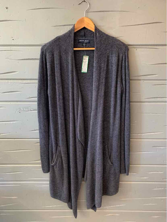 Dark gray open-front long cardigan with pockets, soft knit fabric, women's casual top layer.
