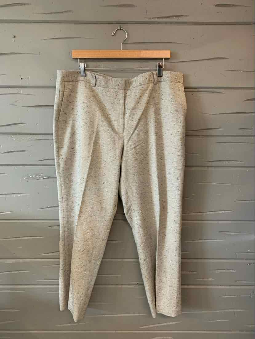 Light gray tweed tailored pants with a tapered leg and front crease, size 16, hanging on wooden hanger.