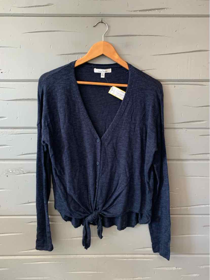 Navy blue long-sleeve lightweight knit top with V-neck and front tie detail.
