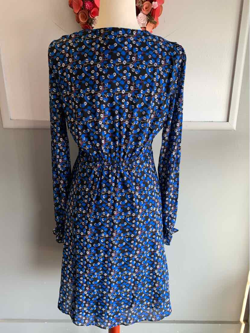 Blue floral long-sleeve dress with cinched waist and lightweight fabric.
