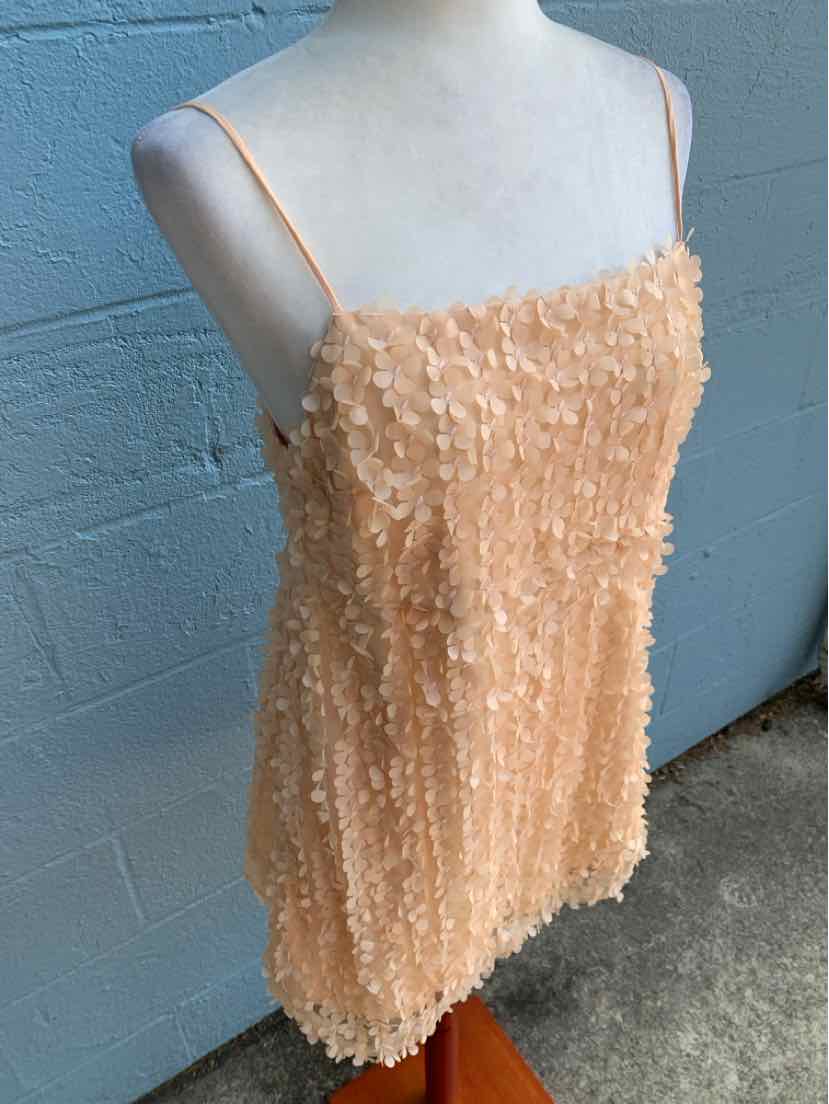 Peachy nude mini dress with thin spaghetti straps and textured floral appliqué detailing.