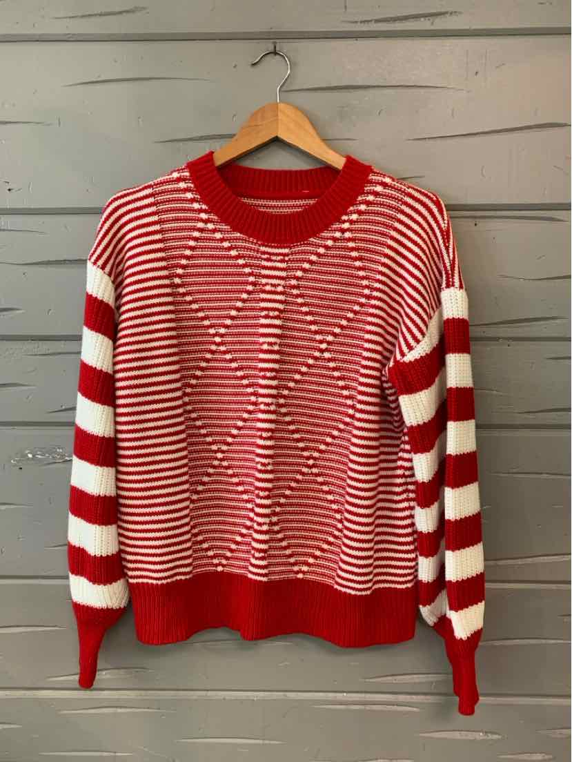 Red and white striped long-sleeve knit sweater with round neckline and ribbed cuffs and hem in size XL.
