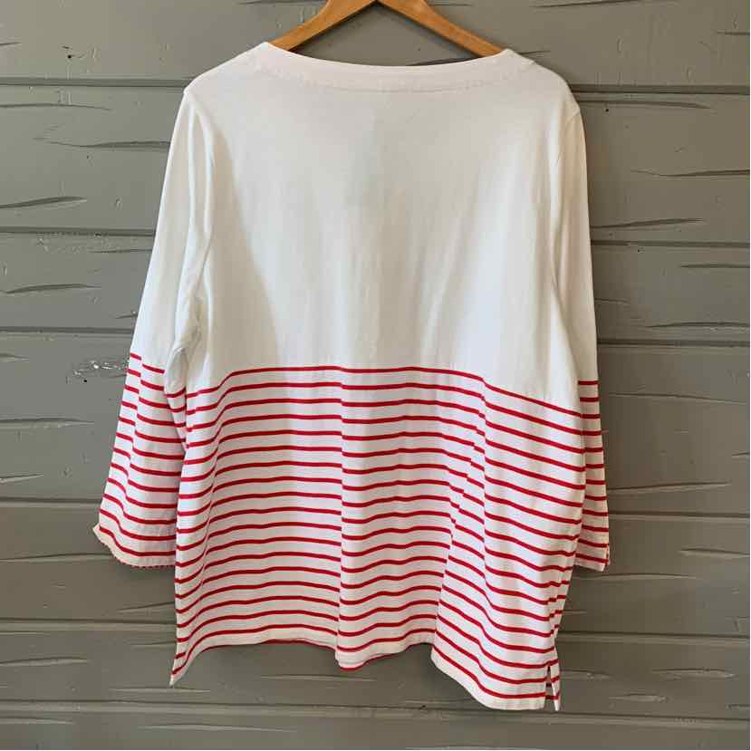 White long-sleeve shirt with red horizontal stripes on lower half and sleeves, size 3X.