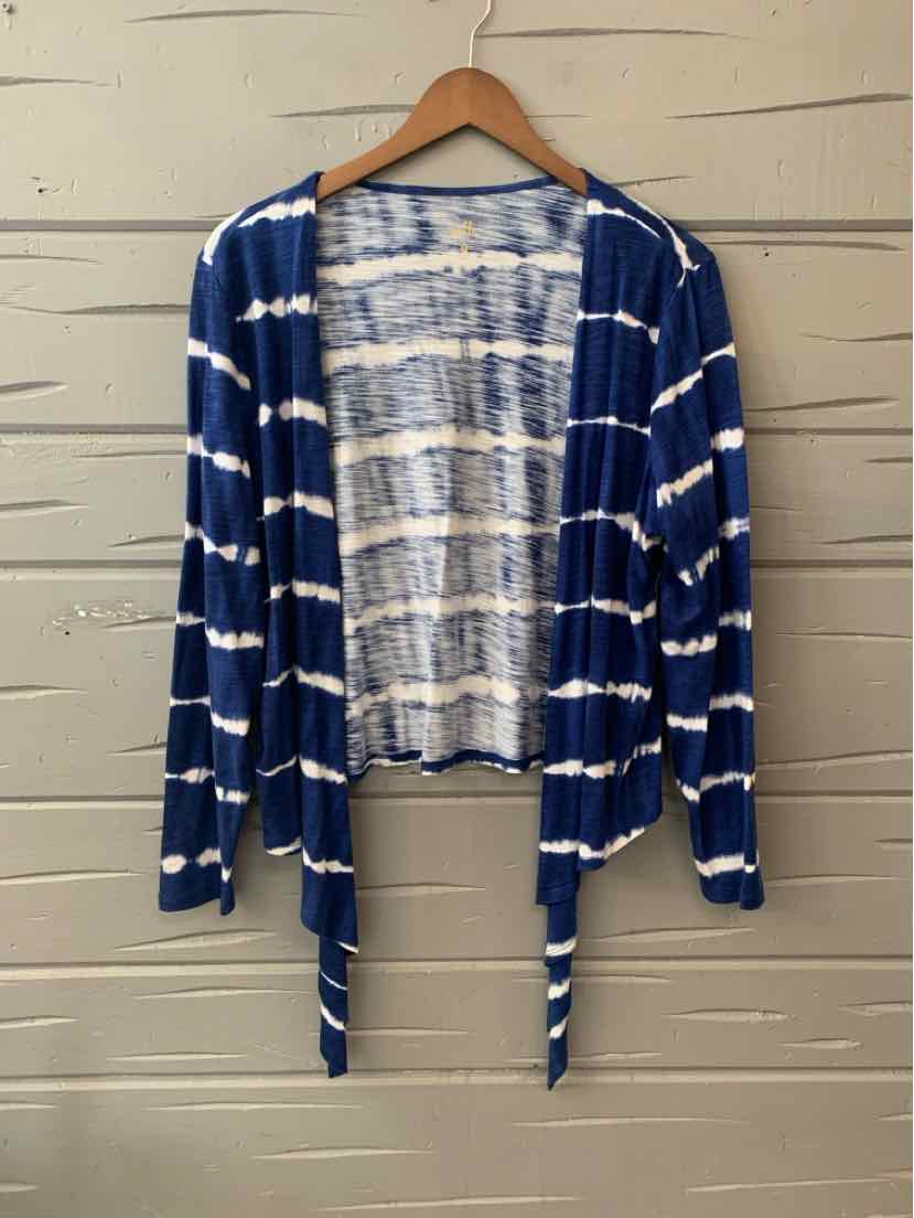 Blue and white tie-dye open-front cardigan with long sleeves and draped hem.