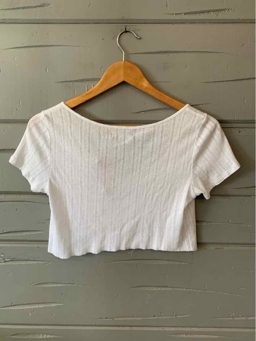 White ribbed short-sleeve cropped top with wide scoop neckline, soft cotton blend.
