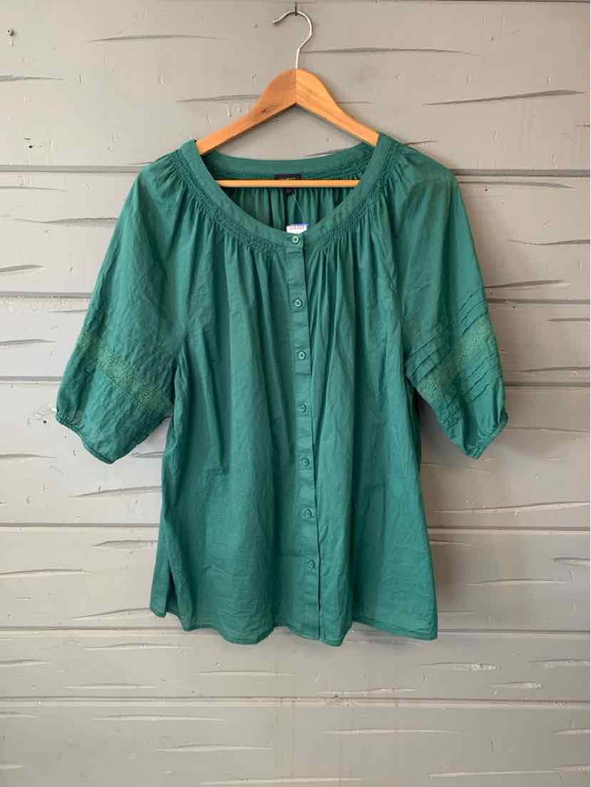 Teal Talbots blouse with a gathered neckline, short puff sleeves, and a relaxed fit.