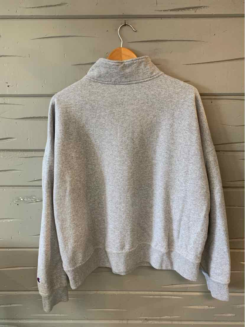 Light gray Champion sweatshirt with a high collar and ribbed cuffs and hem, size XL.
