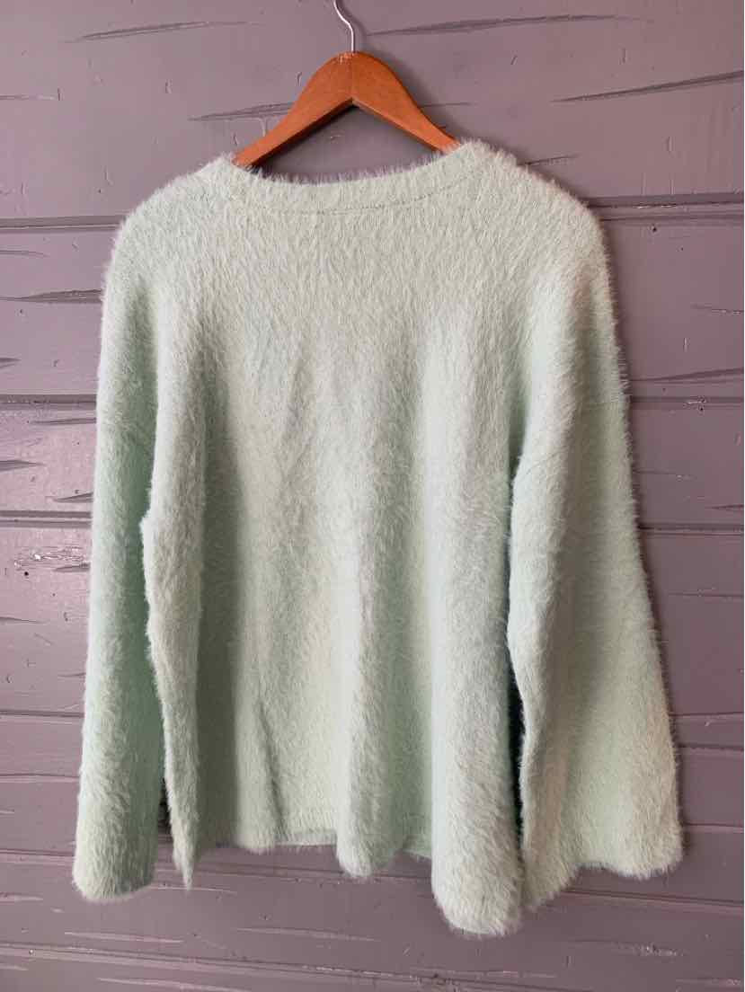 Light green fuzzy long-sleeve sweater with a round neckline on a wooden hanger.
