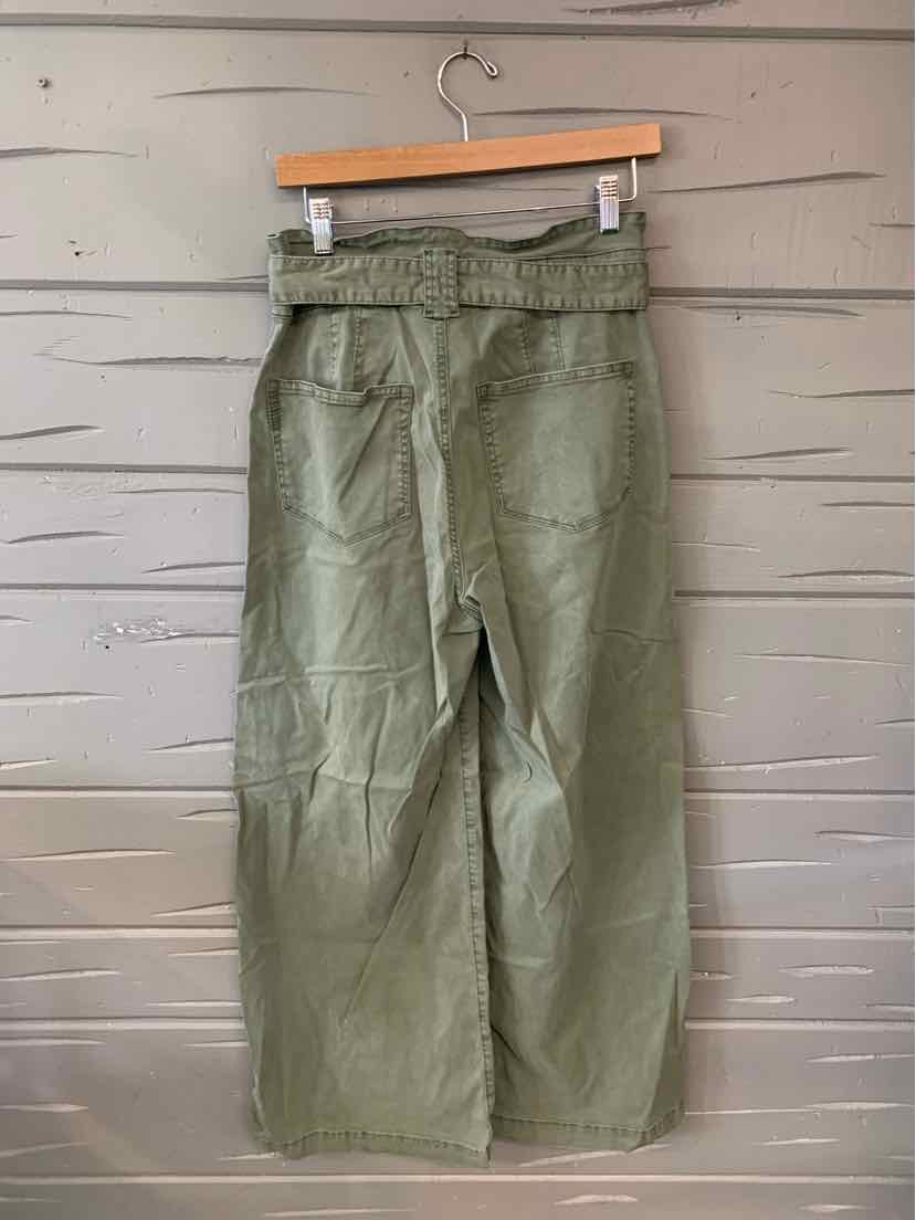 Olive green high-waisted pants with an elastic waistband and wide-leg cut, size 8.