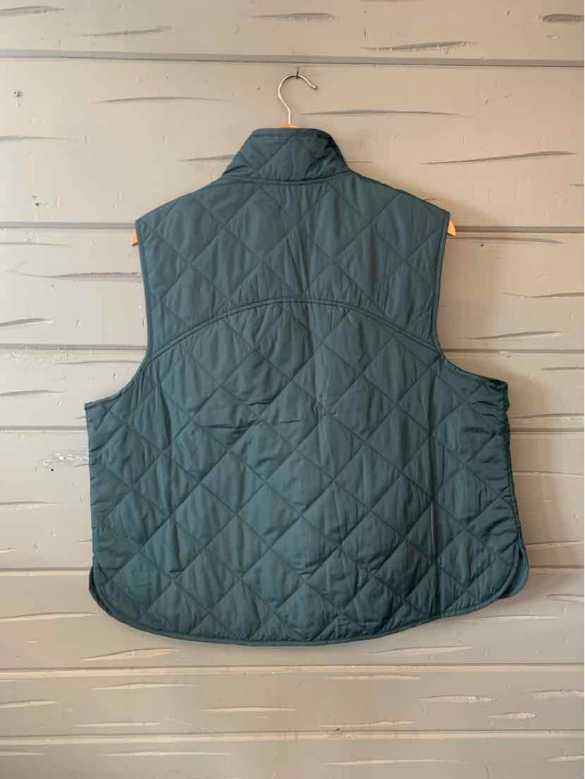 Teal quilted sleeveless vest with stand collar and diamond stitching pattern.