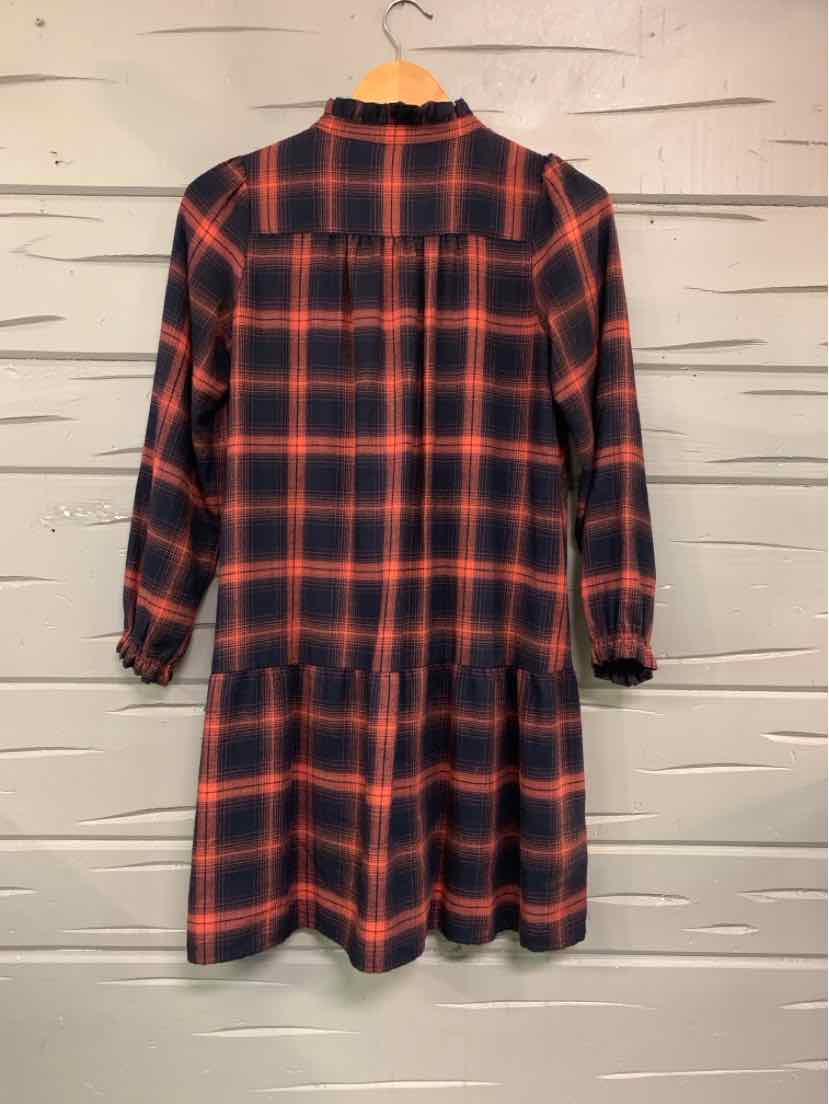 Black and red plaid long-sleeve dress with dropped waist and gathered skirt, size XSP.