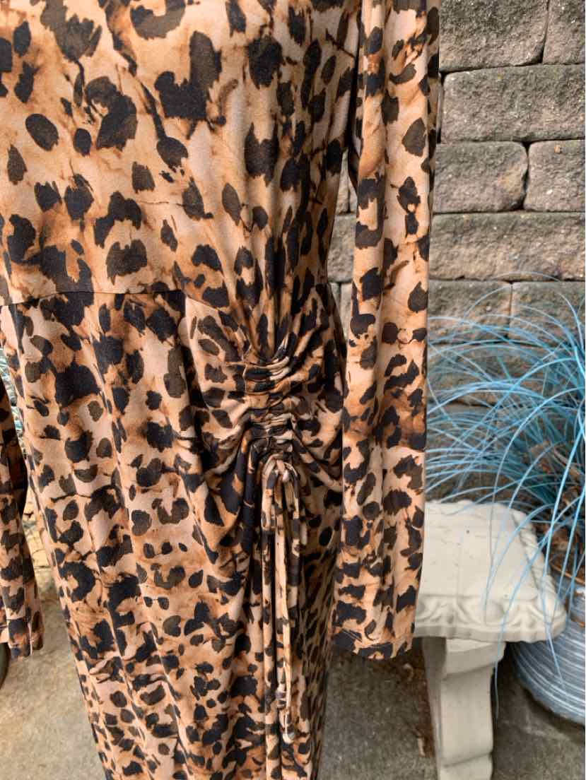 Long-sleeve leopard print dress with ruched gathering on the side in brown and black tones.