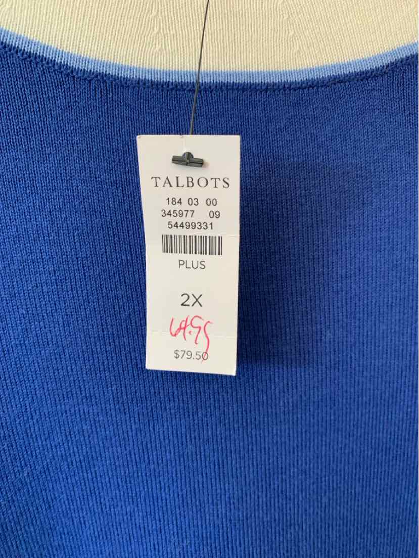 Blue Talbots plus-size top in 2X with a round neckline and fabric tag attached.