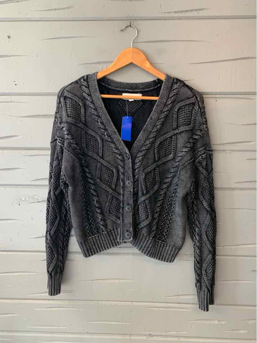 Women's charcoal gray Lucky Brand cardigan with a textured knit, V-neck, and button front.