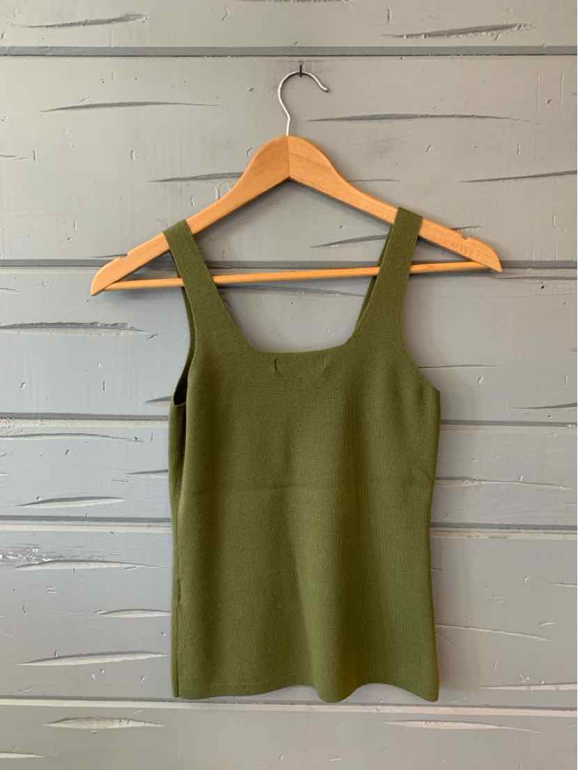 Olive green sleeveless ribbed knit tank top with square neckline on wooden hanger.