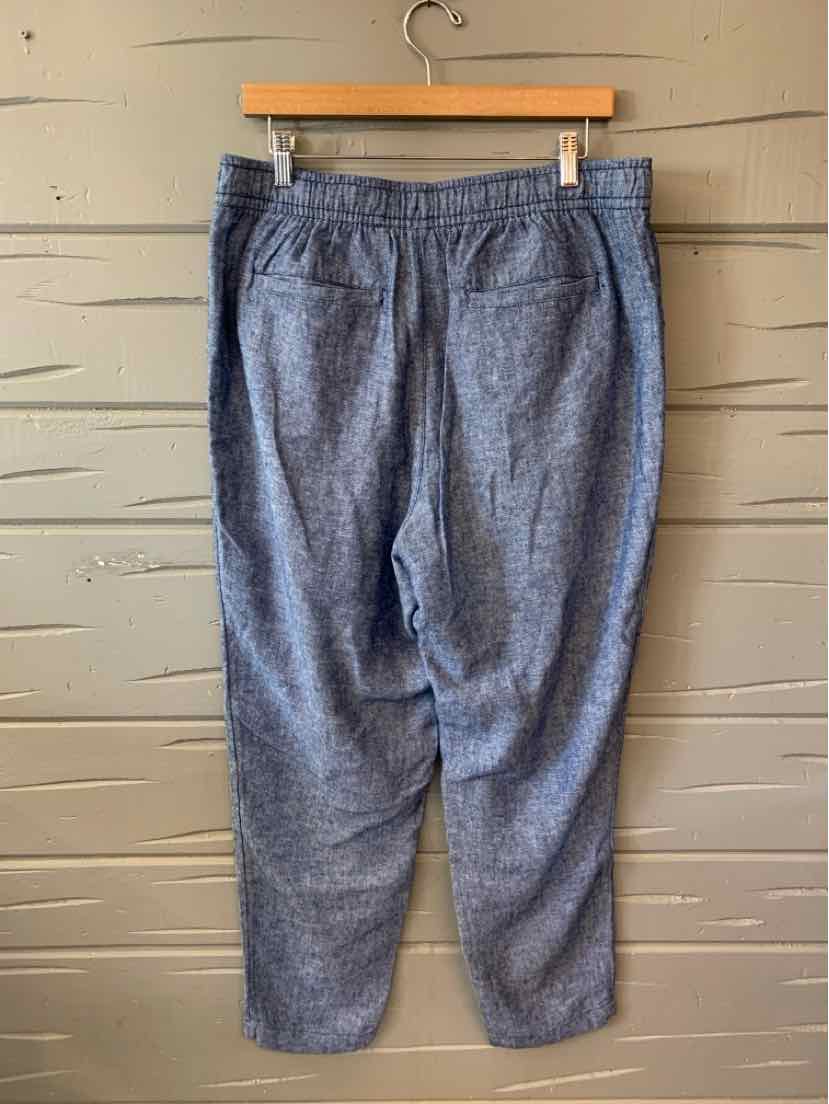 Blue chambray casual pants with elastic waistband and relaxed fit, size large.
