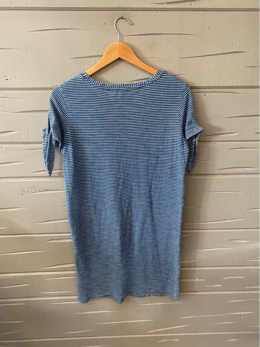 Blue short-sleeve striped dress with a round neckline on a wooden hanger.