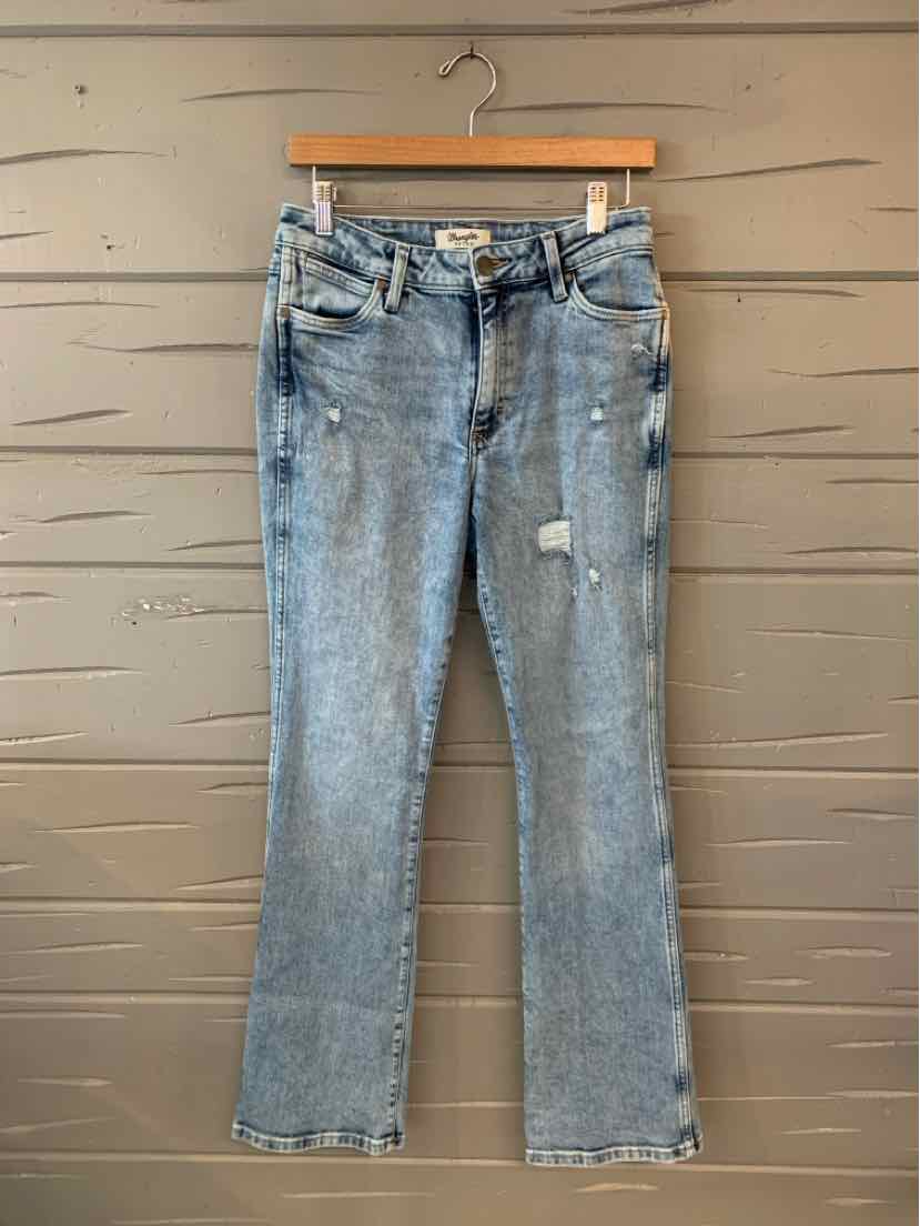 Light blue distressed denim jeans with a mid-rise waist and straight leg cut.