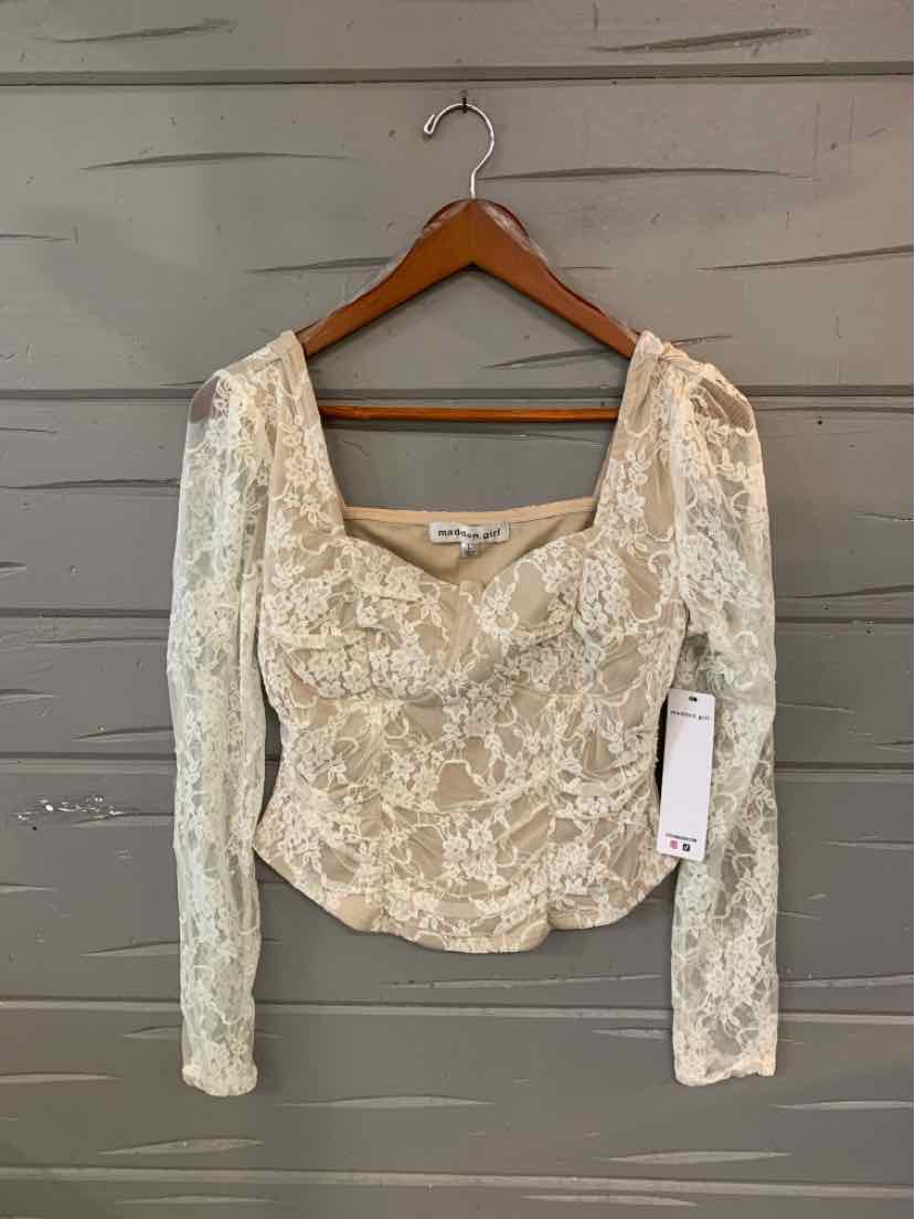 Cream lace long-sleeve crop top with square neckline and fitted silhouette.