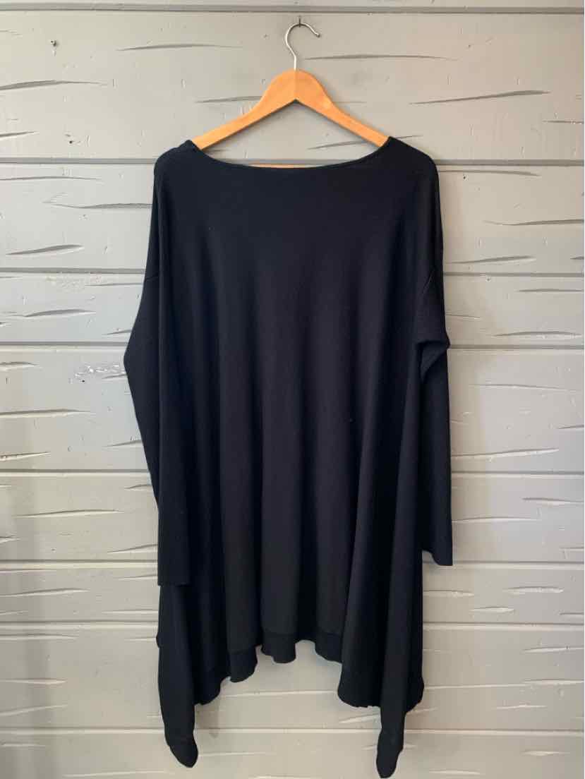 Black long-sleeve tunic top with a wide neckline, draped fit, and asymmetrical hem.