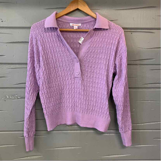 Lavender knit long-sleeve polo sweater with textured pattern and ribbed cuffs and hem.