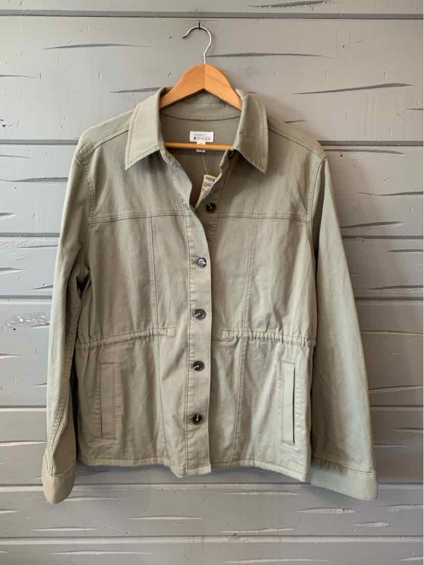 Light olive green utility jacket with button front, collar, and long sleeves in size XL.