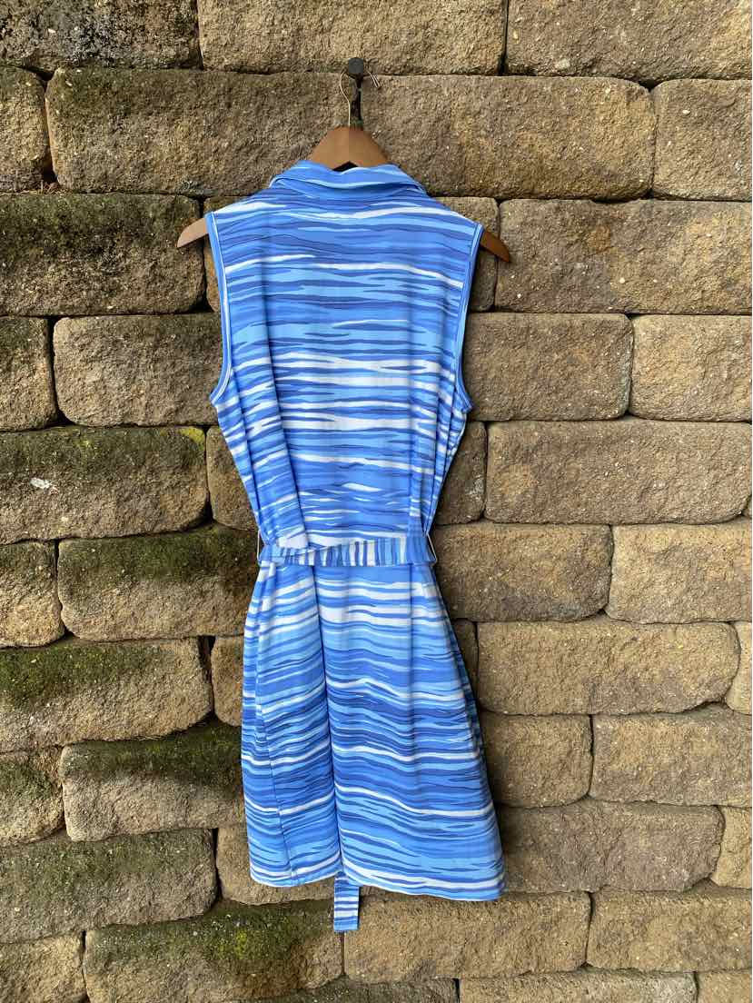 Blue sleeveless dress with horizontal white and darker blue stripes, belted waist, and collar back view.