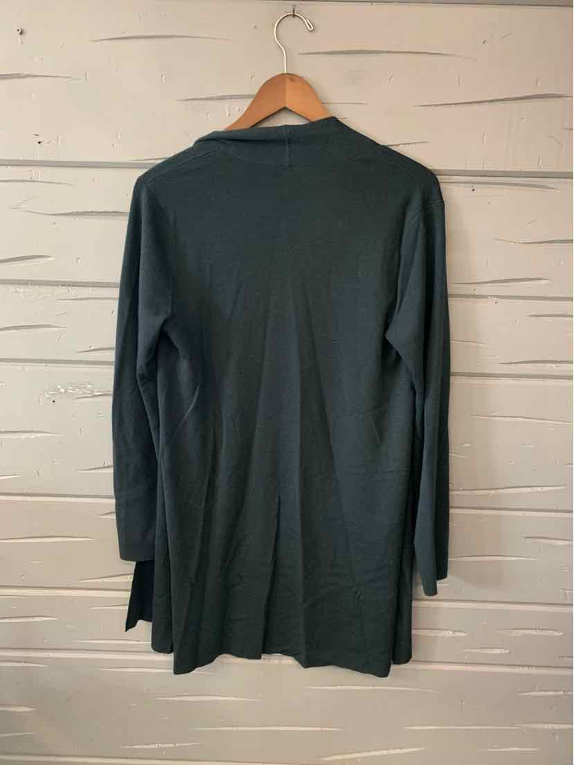 Long-sleeve dark gray lightweight knit cardigan with a relaxed fit hanging on wooden hanger.
