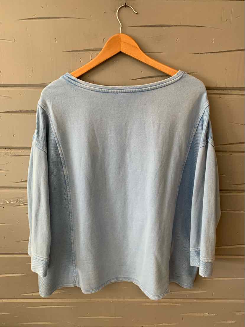 Light blue long-sleeve casual top with boat neckline in size 1X hanging on wooden hanger.