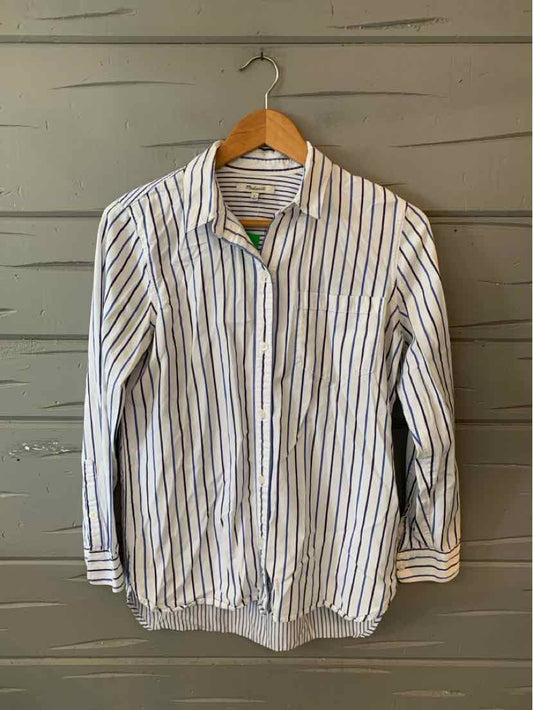 White button-up shirt with blue vertical stripes, long sleeves, and a classic collar.