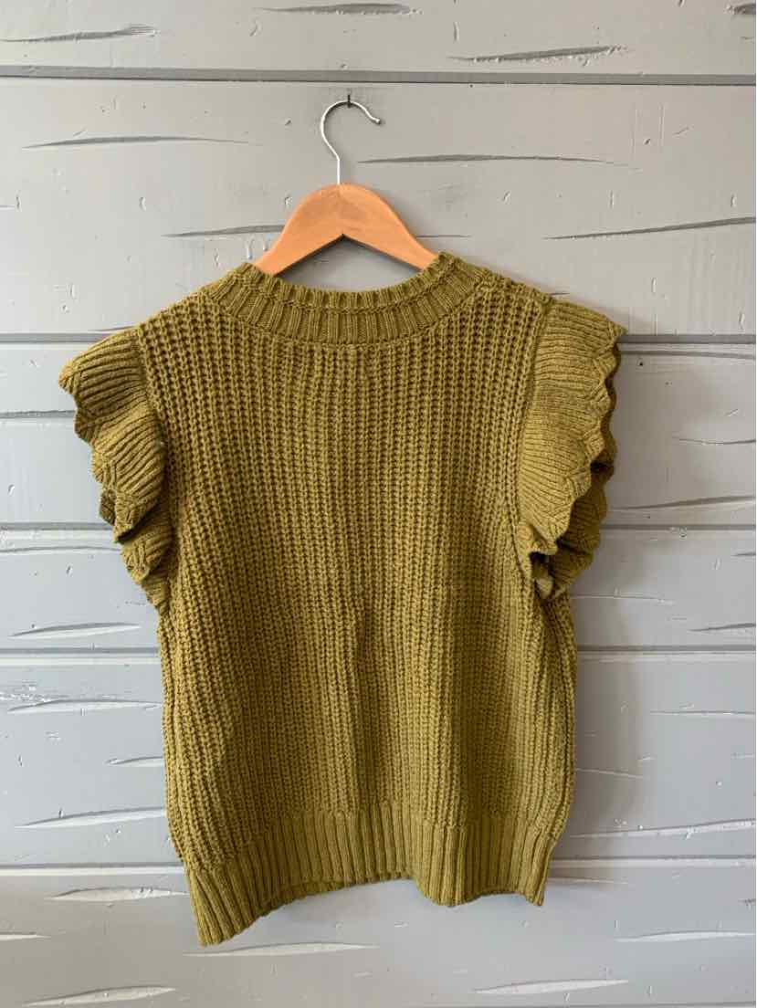 Olive green knit short-sleeve sweater with ruffled sleeves and ribbed texture.