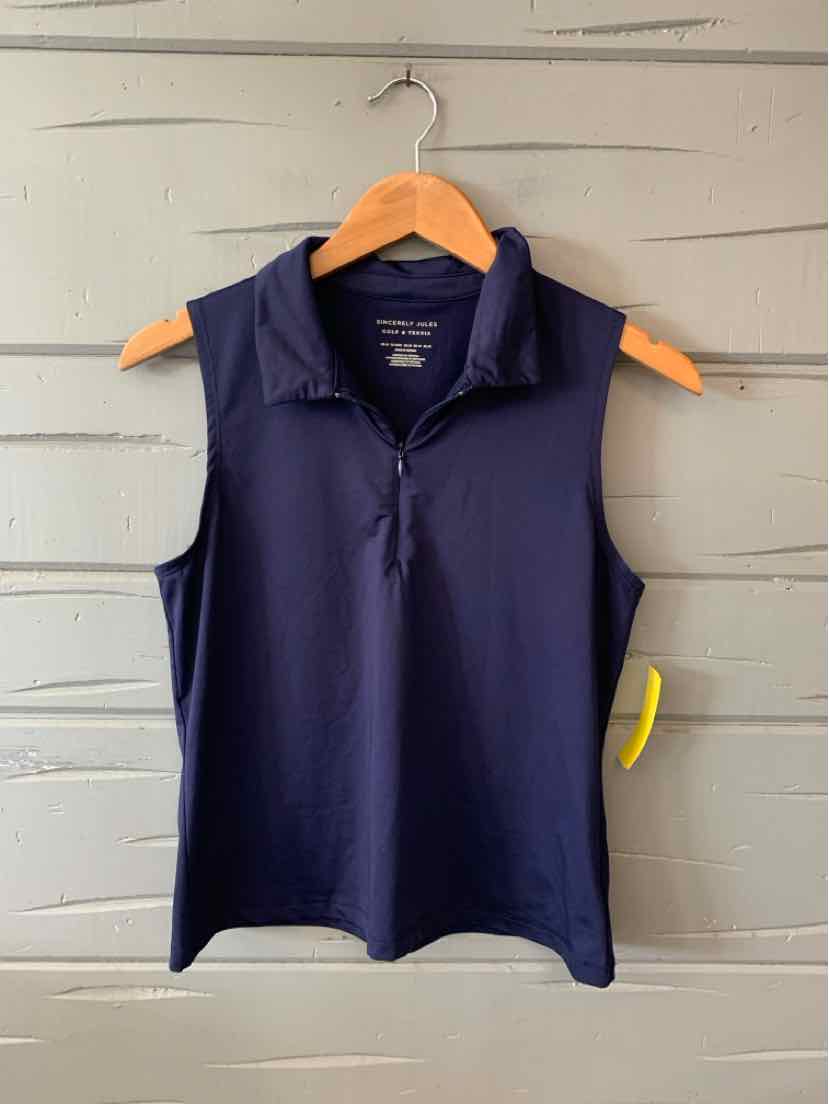 Navy blue sleeveless polo shirt with collar and three-button placket, medium size.
