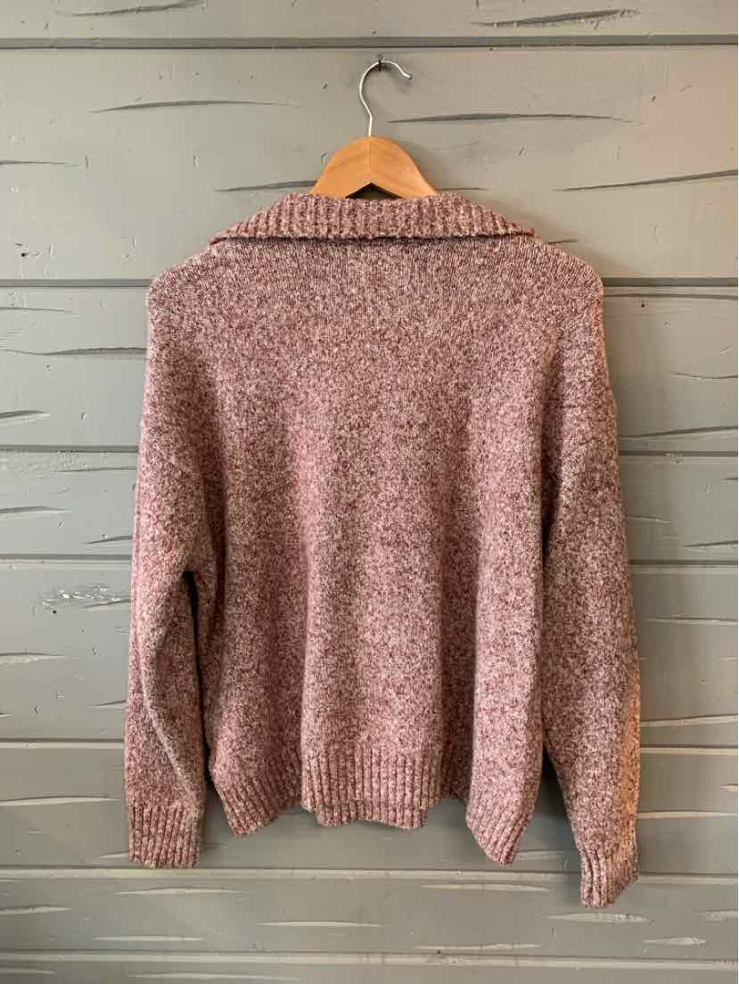 Heather burgundy knit sweater with shawl collar and long sleeves in size XL.