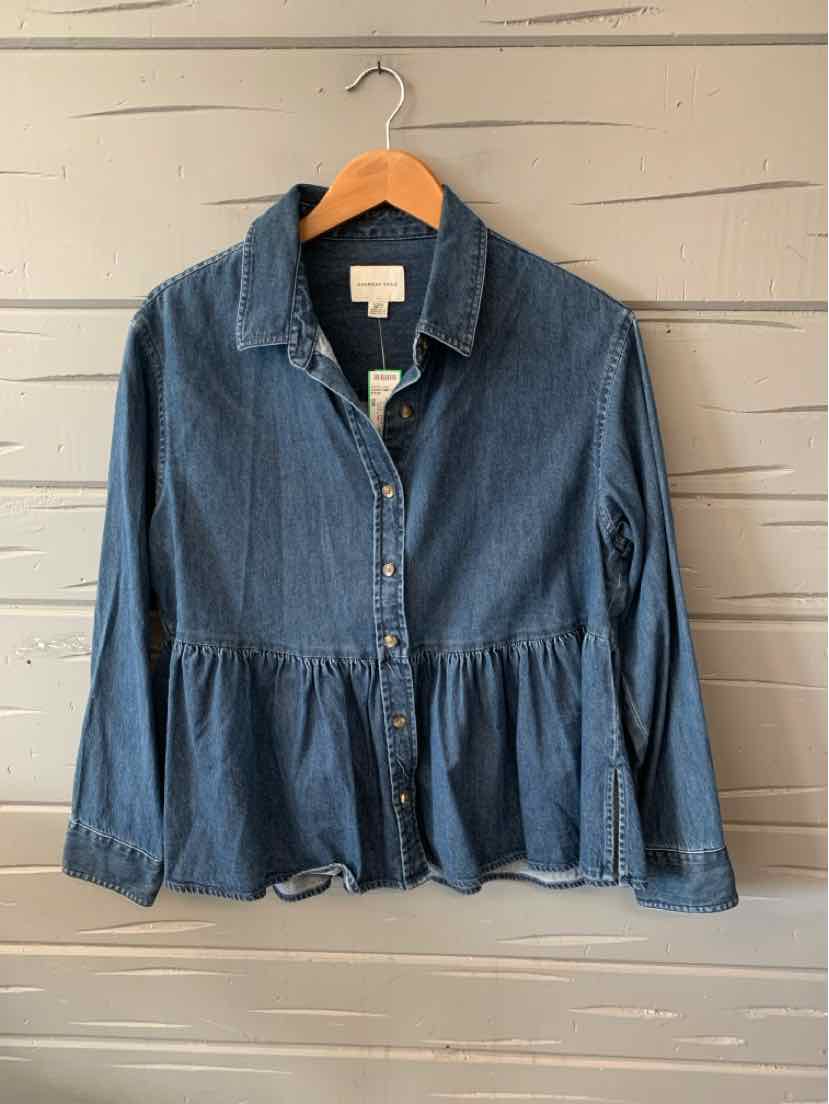 Dark blue denim button-up blouse with gathered waist and collar, size small.