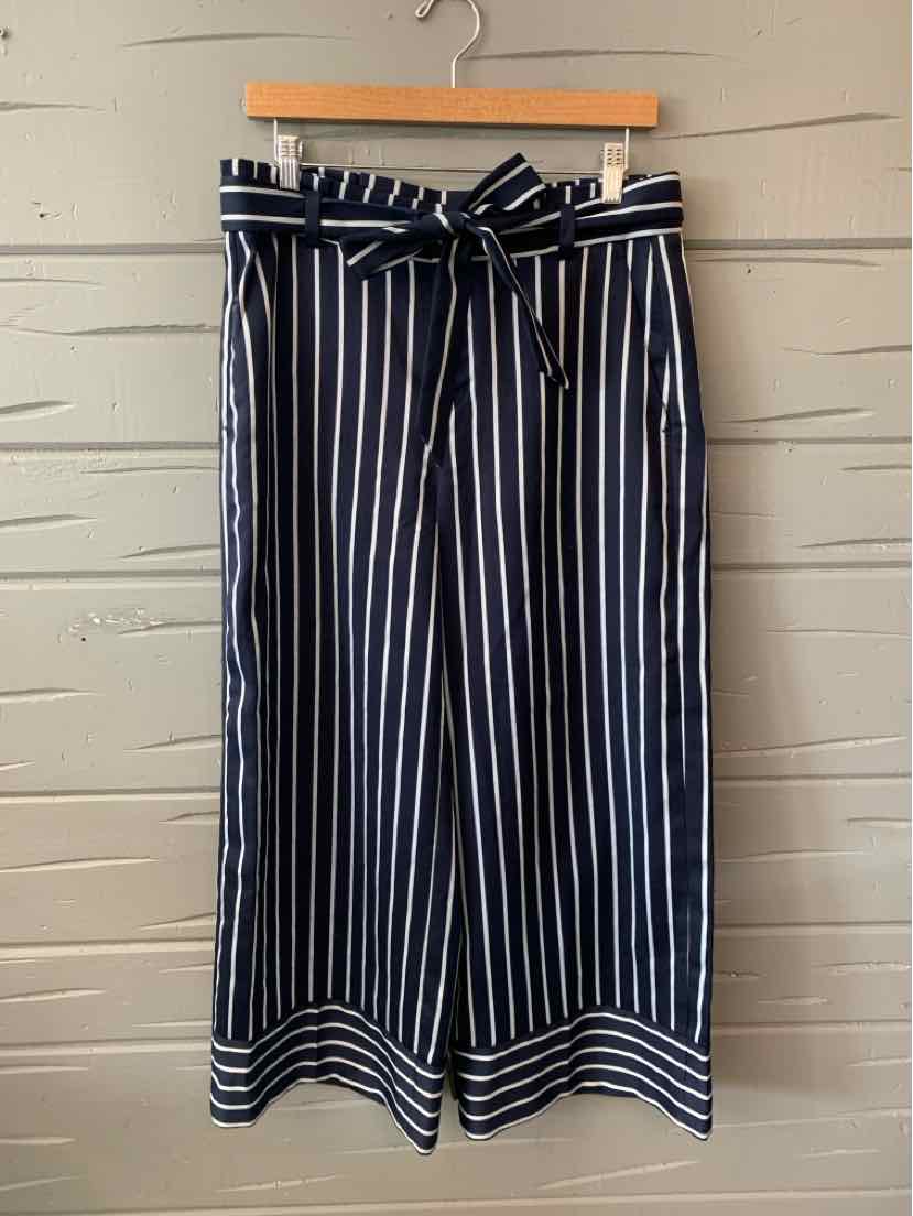 Navy blue wide-leg pants with white vertical stripes and a matching fabric belt, size 6.