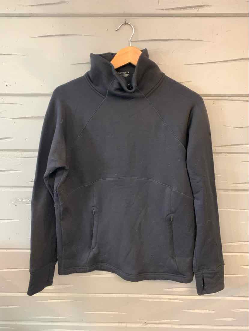 Black long-sleeve pullover with high cowl neck and front kangaroo pocket, medium size.