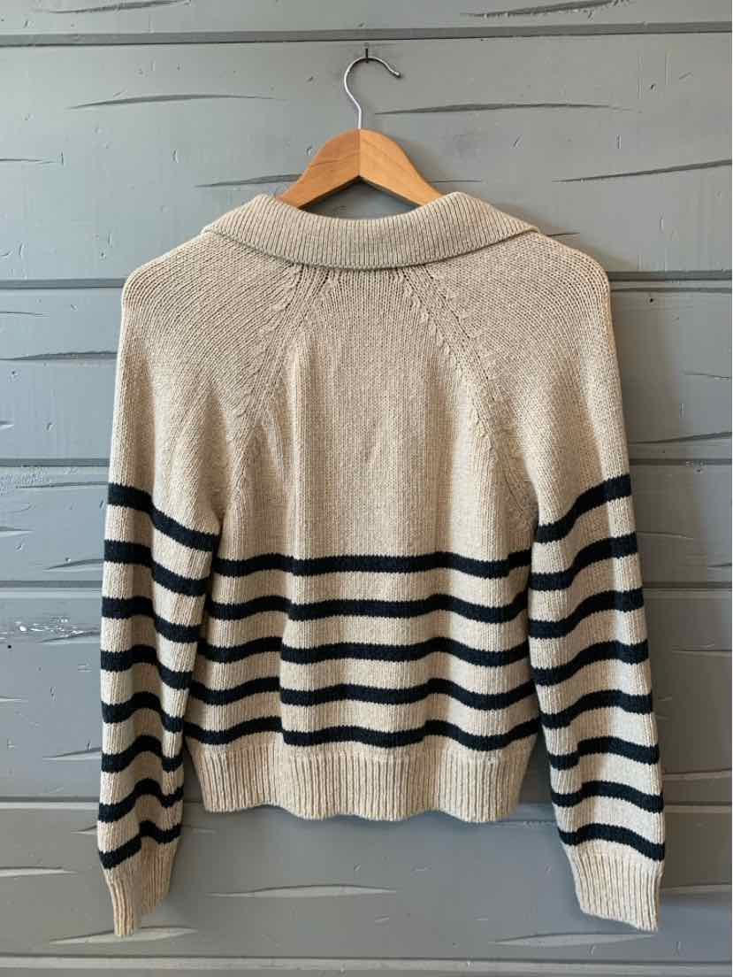 Cream and navy striped knit sweater with a shawl collar and ribbed cuffs in size small.