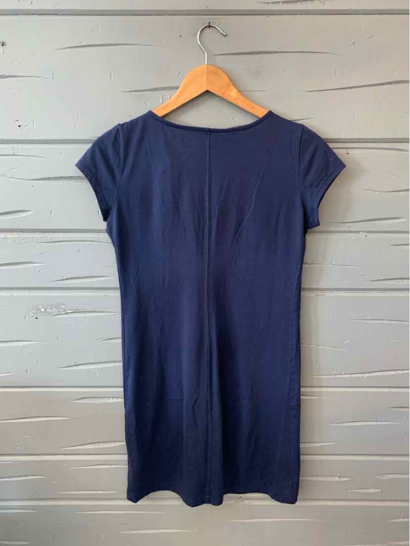 Navy blue short-sleeve fitted dress with a round neckline in size XS.